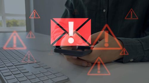 Spam email message on digital screen.Email security and virus spam alert in email. Fake text email scam.Scammers online.Cyber scam.